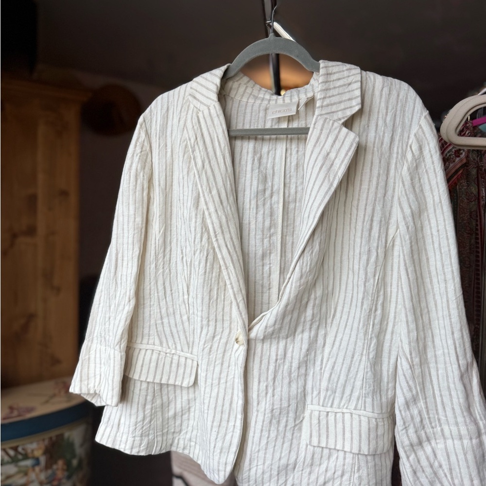 Chico's Cream and Gray Striped Jacket
